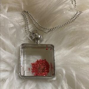 Silver Necklace with Red dried flower Pendant